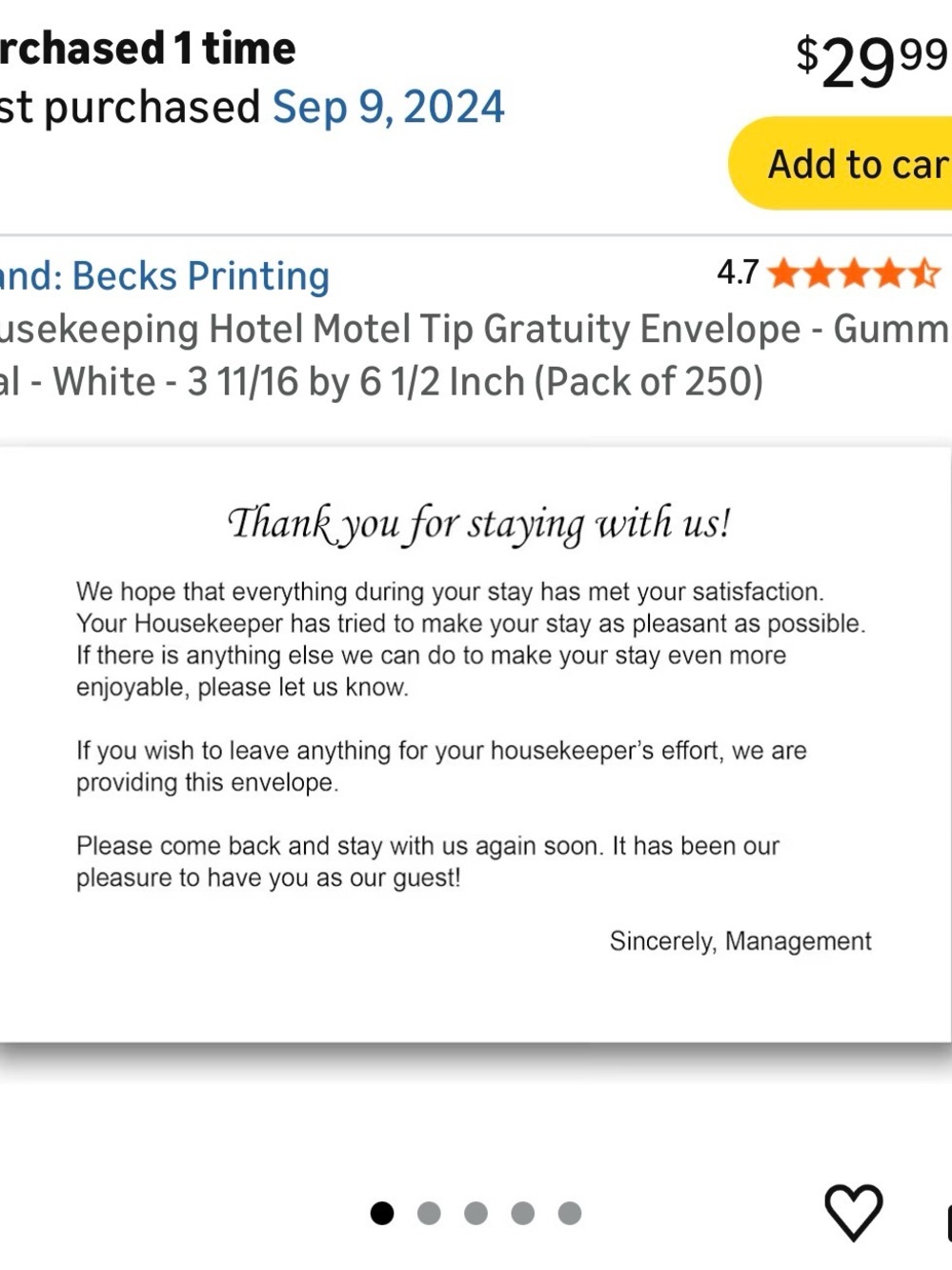 Housekeeping Hotel/BNB/Motel Tip Gratuity Envelope - Pack of 244